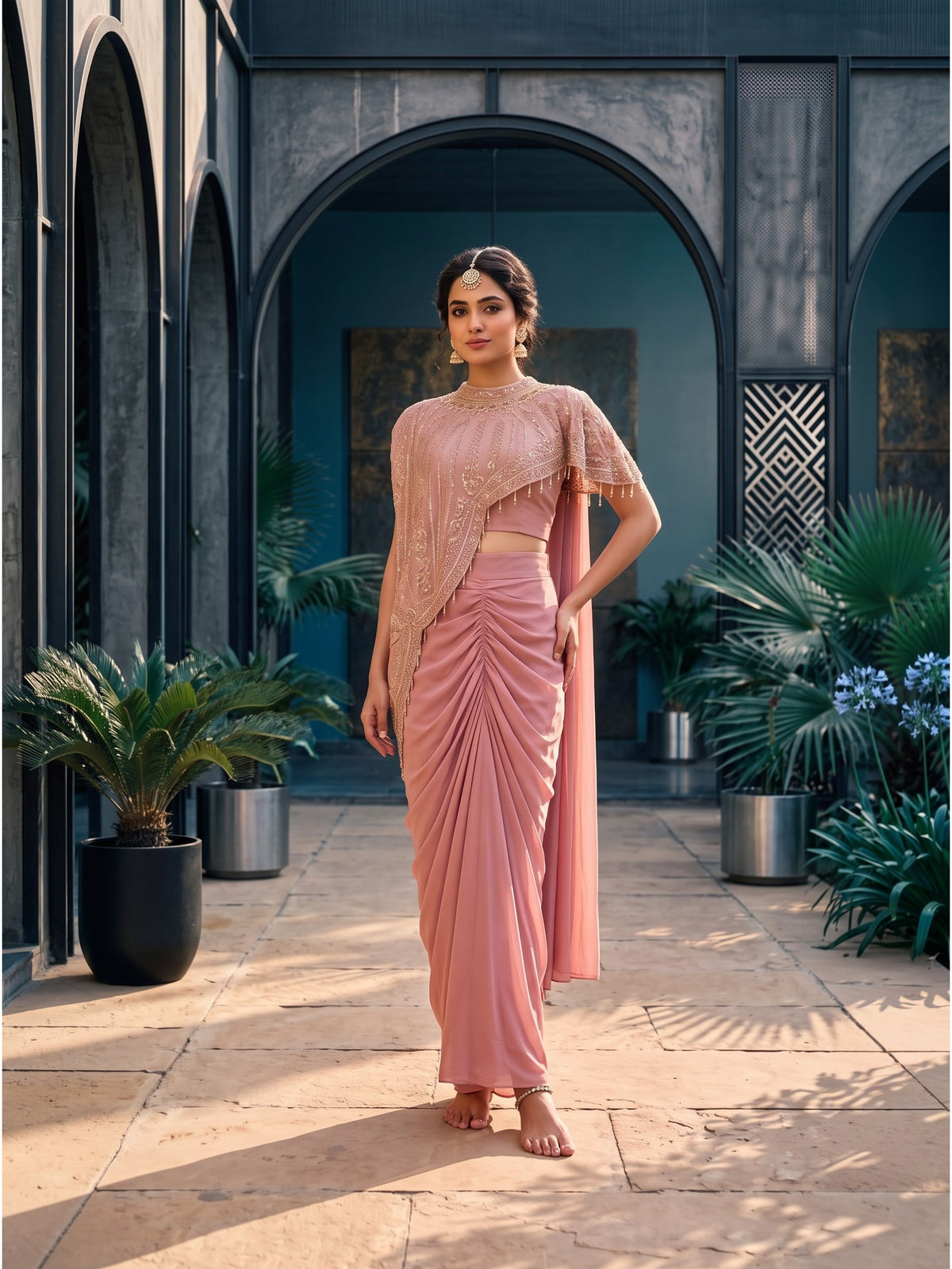 Ethereal Dusty Pink Indo-Western Draped Crepe Silk Dhoti Blouse with Embroidered Koti Set (Fusion Lehenga Look)