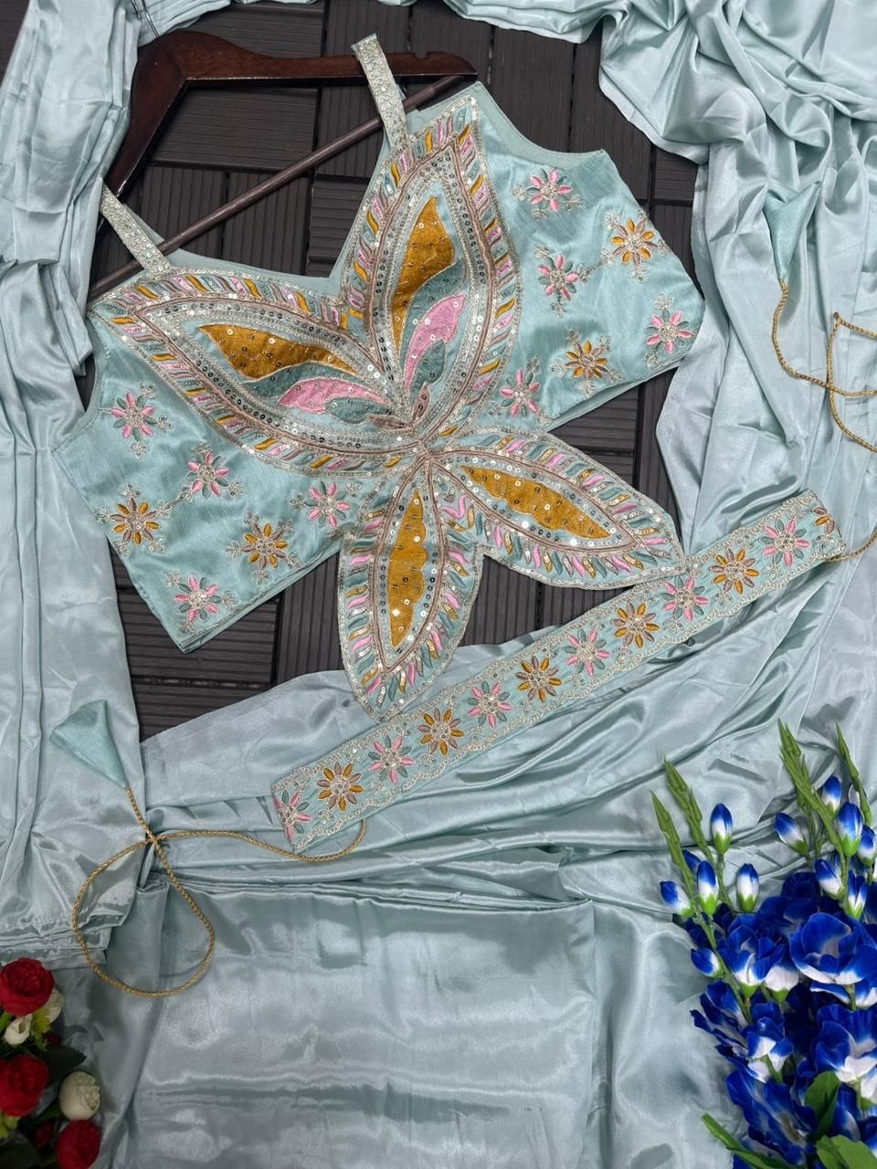 Luxe Ready-to-Wear Crepe Saree with embellished butterfly sequence blouse & matching belt