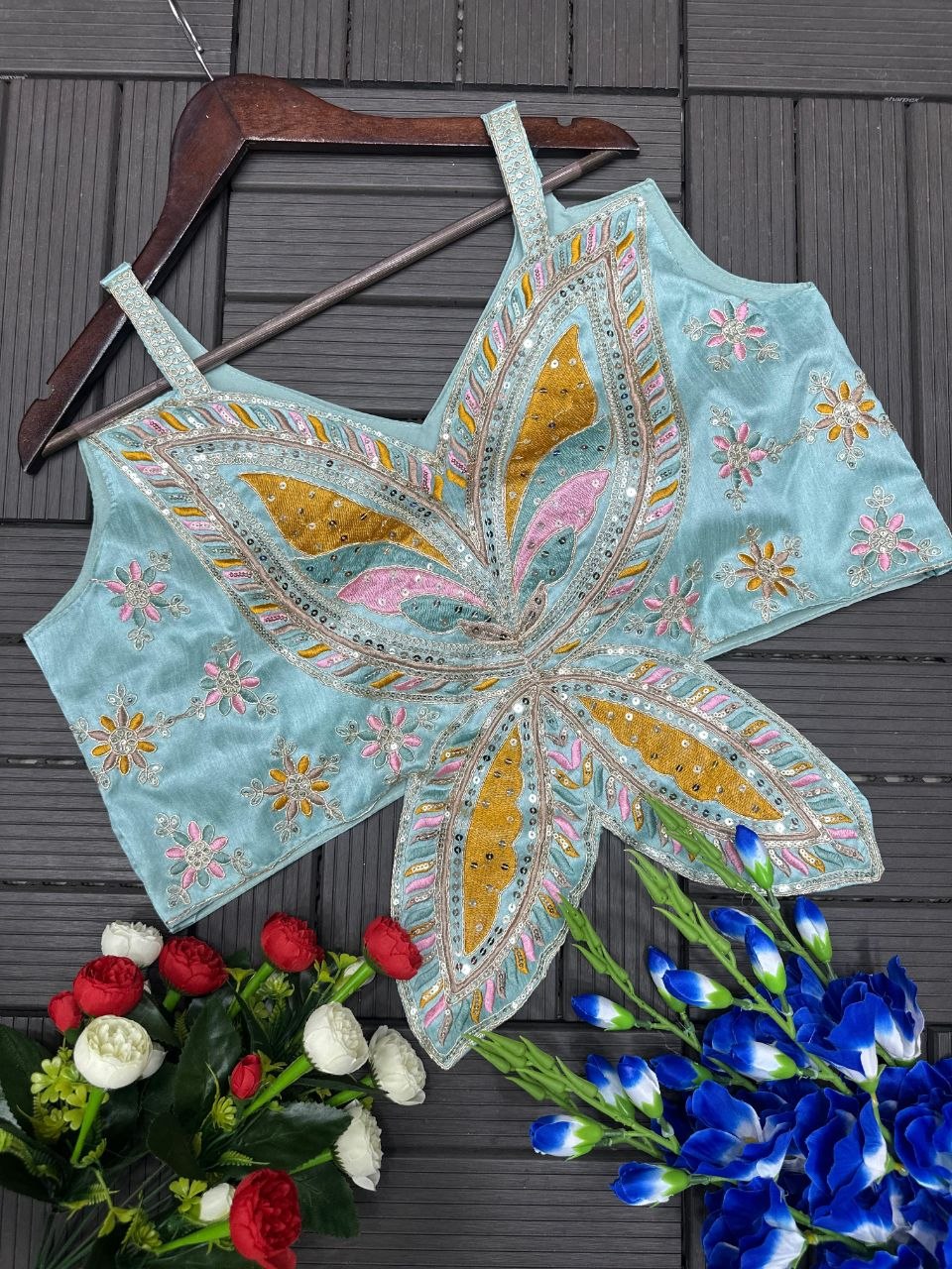 Luxe Ready-to-Wear Crepe Saree with embellished butterfly sequence blouse & matching belt