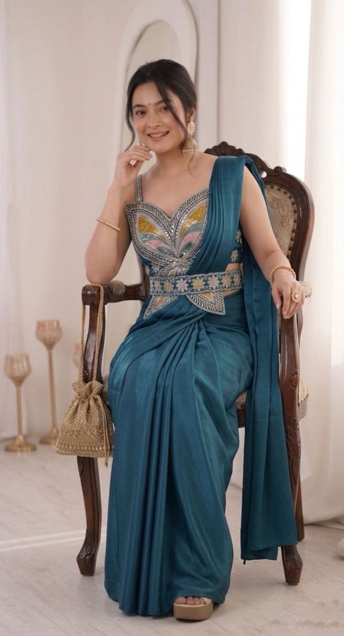 Luxe Ready-to-Wear Crepe Saree with embellished butterfly sequence blouse & matching belt