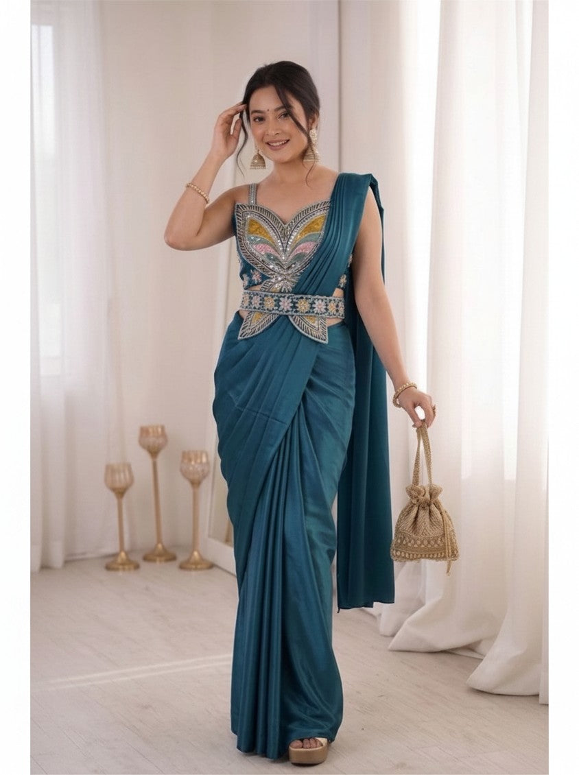 Luxe Ready-to-Wear Crepe Saree with embellished butterfly sequence blouse & matching belt