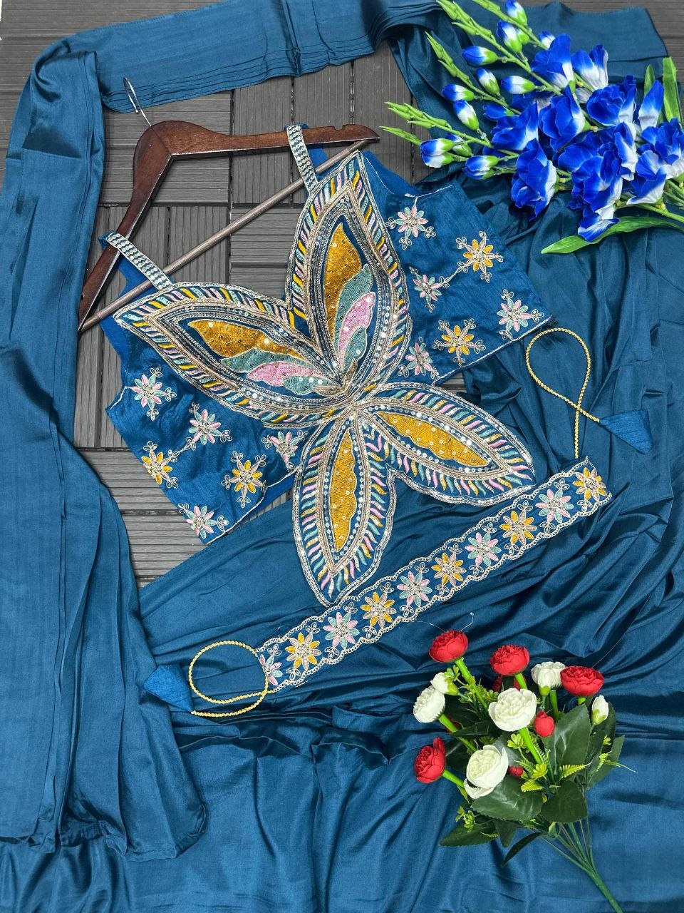 Luxe Ready-to-Wear Crepe Saree with embellished butterfly sequence blouse & matching belt
