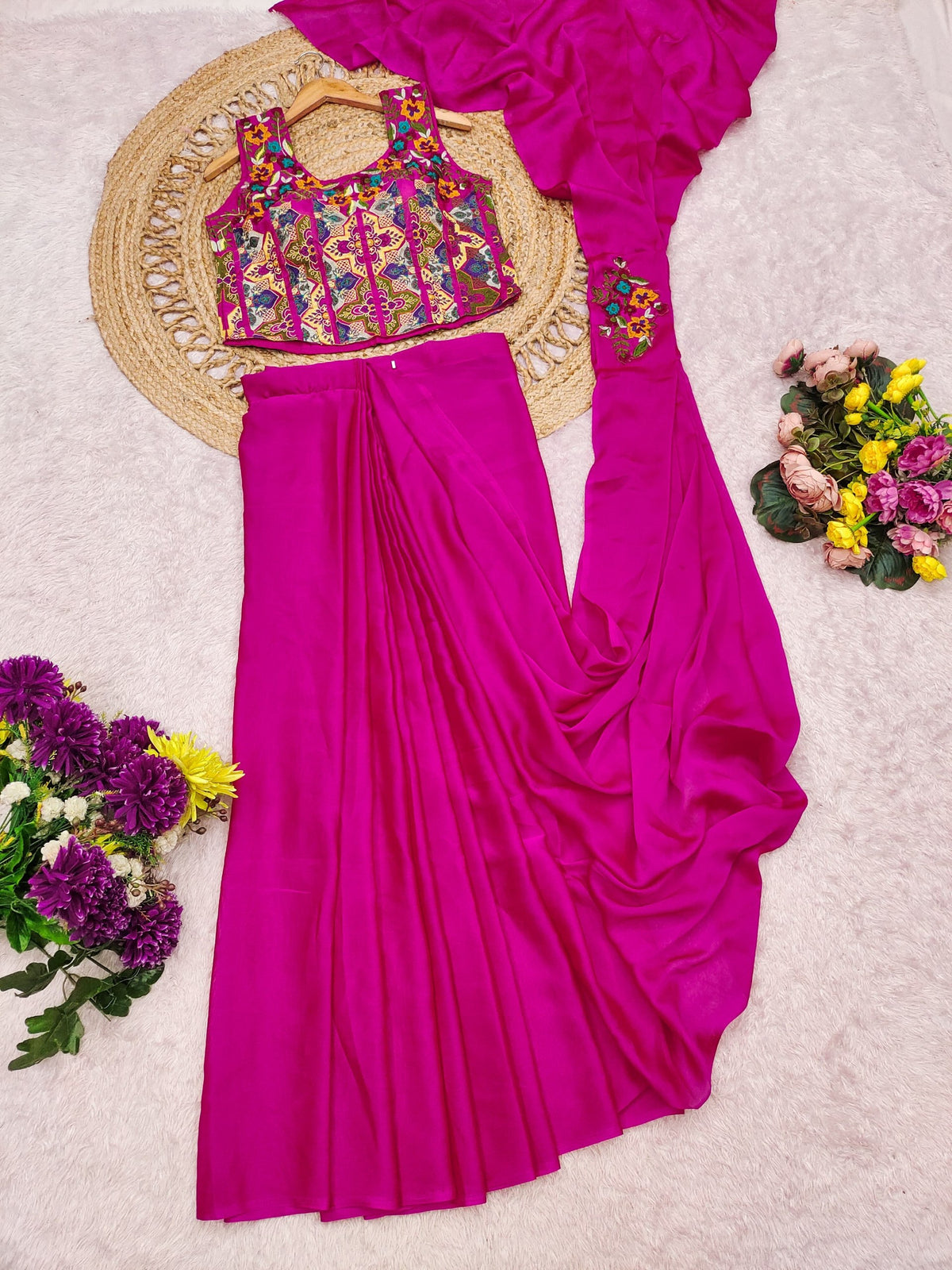 Fuchsia Pink Ready-to-Wear Saree with Multicolour Floral Embroidered Sleeveless Blouse