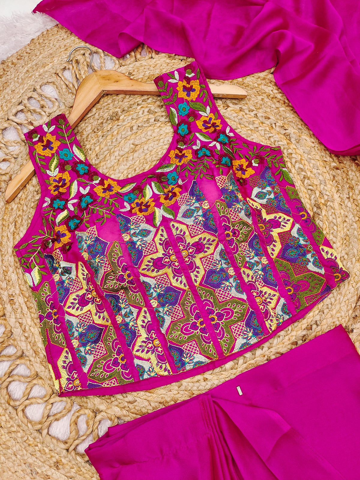 Fuchsia Pink Ready-to-Wear Saree with Multicolour Floral Embroidered Sleeveless Blouse