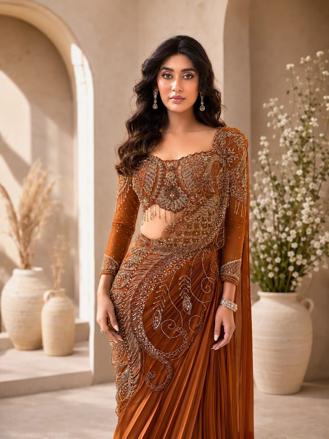 Burnt Amber Pre-Draped Accordion Pleat Saree with Sculpted Asymmetrical Bodice