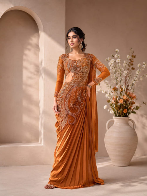 Burnt Amber Pre-Draped Accordion Pleat Saree with Sculpted Asymmetrical Bodice