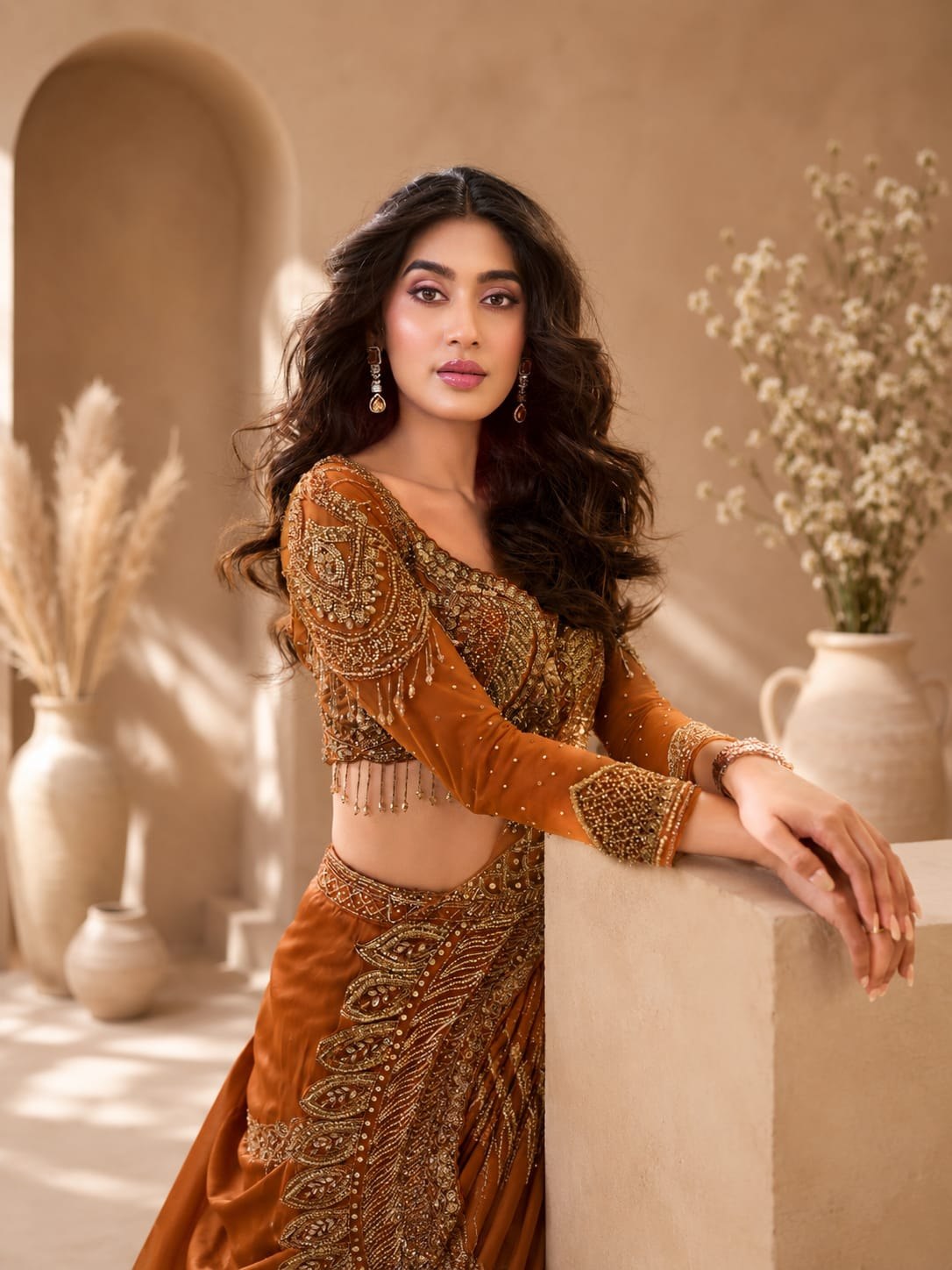 Burnt Amber Pre-Draped Accordion Pleat Saree with Sculpted Asymmetrical Bodice