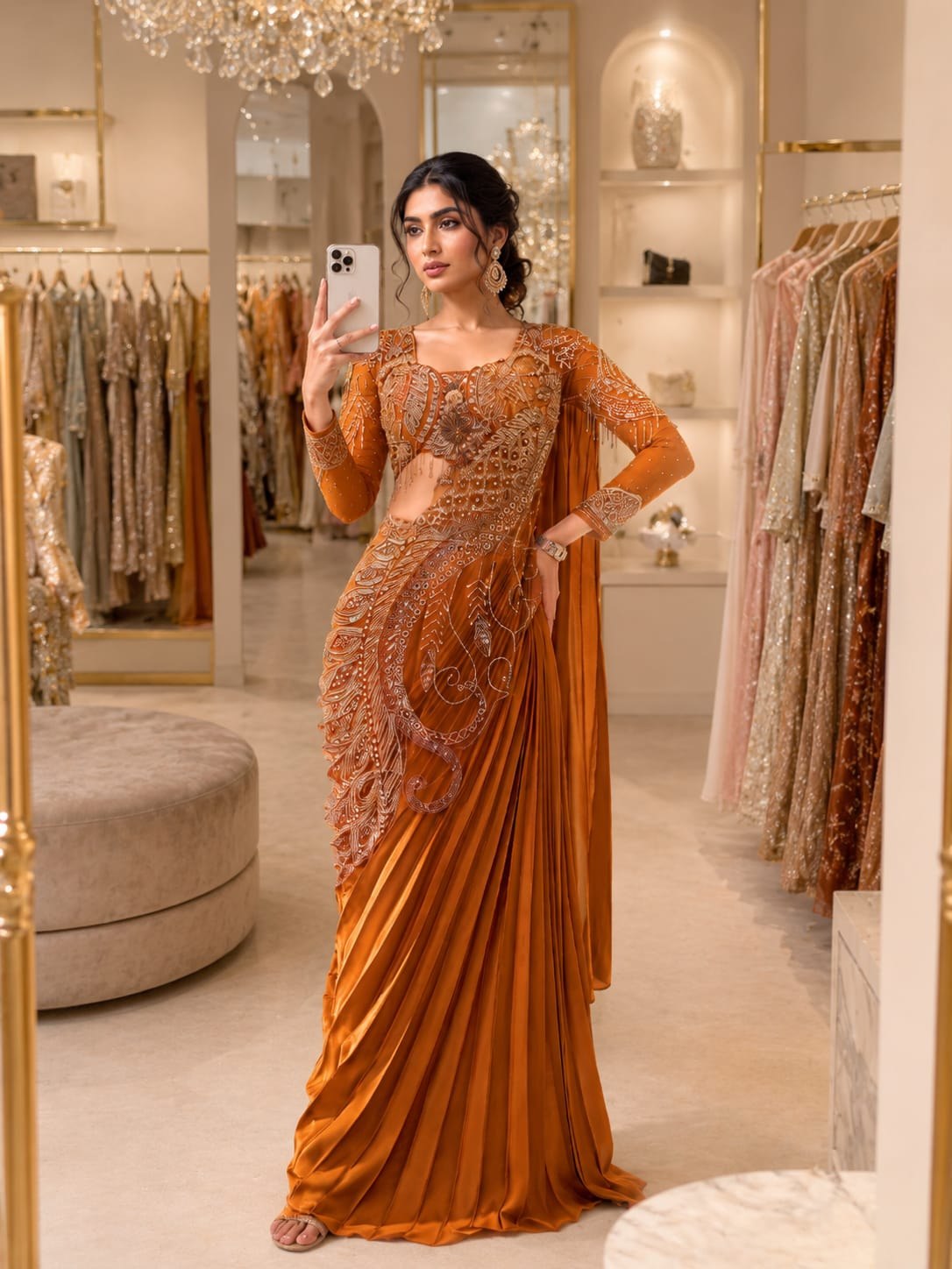 Burnt Amber Pre-Draped Accordion Pleat Saree with Sculpted Asymmetrical Bodice