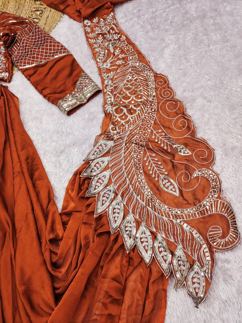 Burnt Amber Pre-Draped Accordion Pleat Saree with Sculpted Asymmetrical Bodice