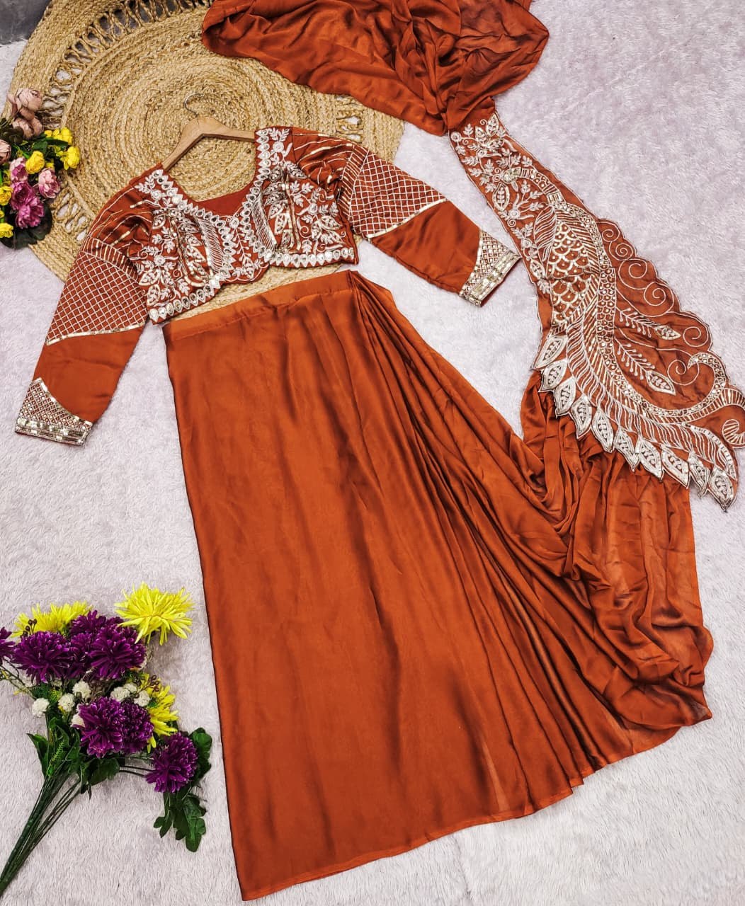Burnt Amber Pre-Draped Accordion Pleat Saree with Sculpted Asymmetrical Bodice
