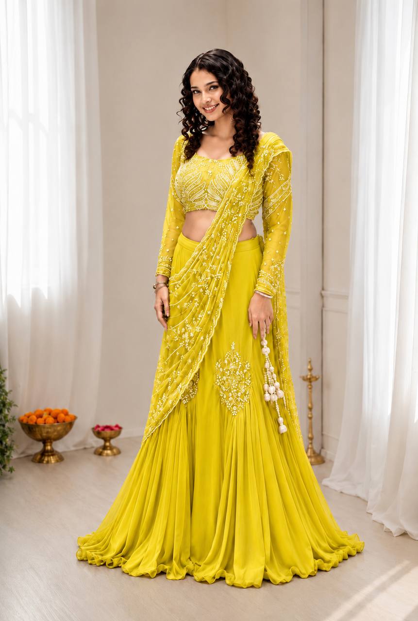 Lime Yellow Pre-Draped Lehenga Set with Embroidered Full-Sleeve Blouse