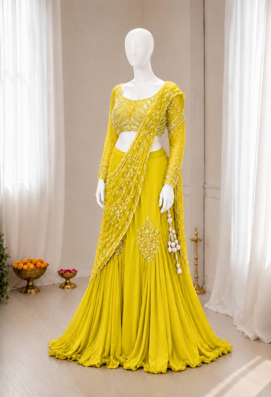 Lime Yellow Pre-Draped Lehenga Set with Embroidered Full-Sleeve Blouse