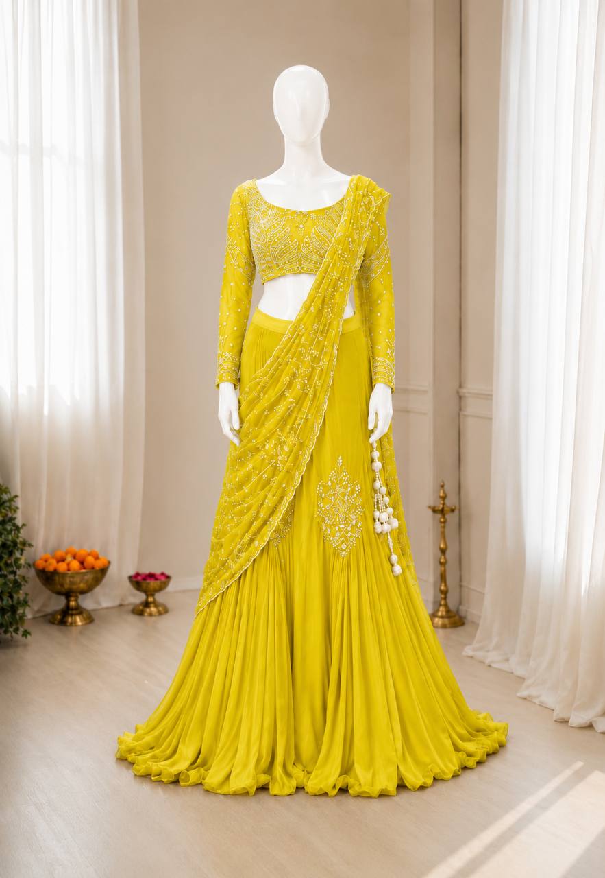 Lime Yellow Pre-Draped Lehenga Set with Embroidered Full-Sleeve Blouse