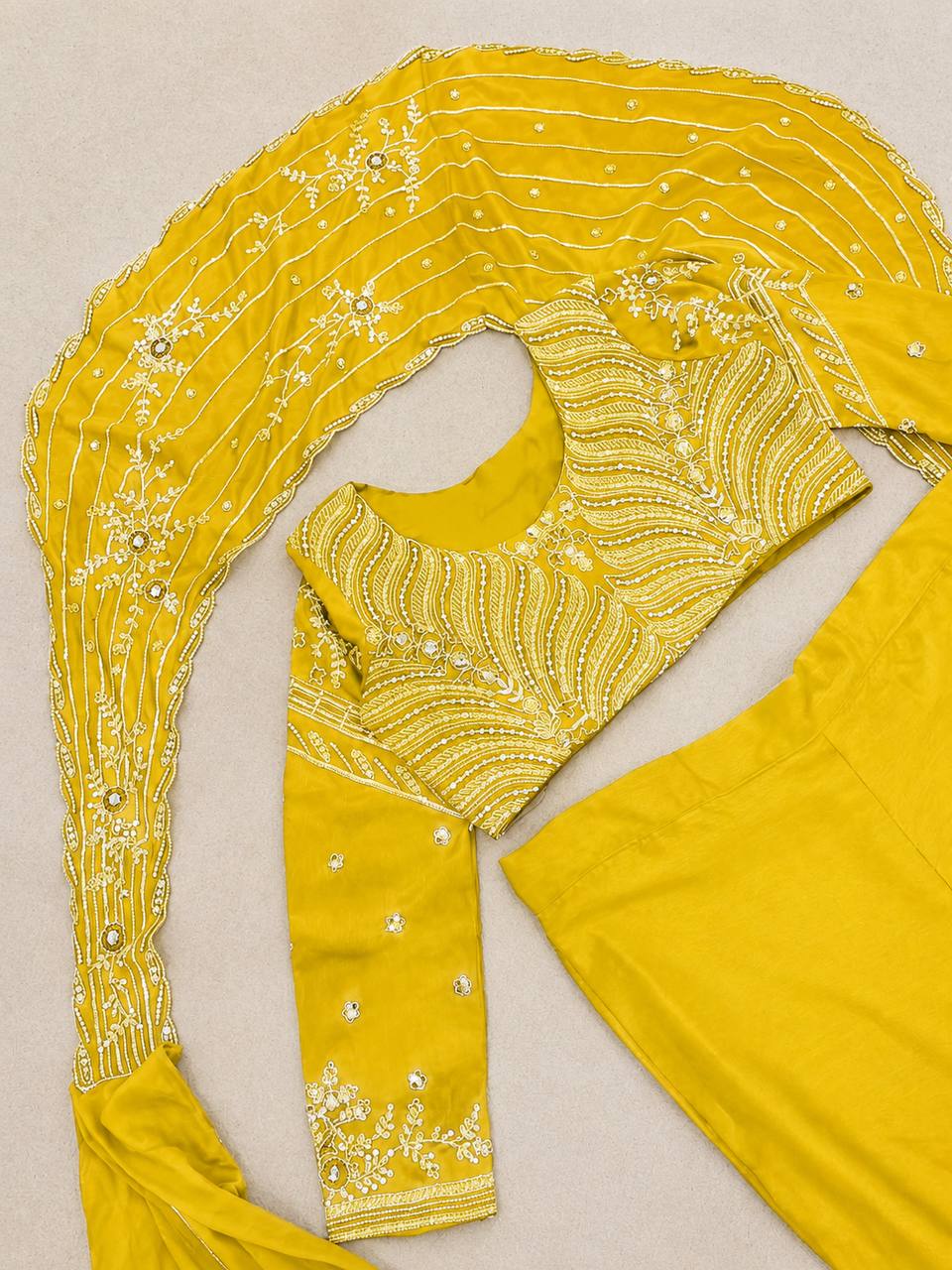 Lime Yellow Pre-Draped Lehenga Set with Embroidered Full-Sleeve Blouse