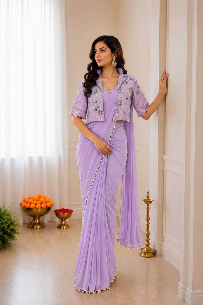 Ready-to-Wear  Crepe Silk Indo-Western Drape Saree Set with Embroidered Crop Jacket & Blouse