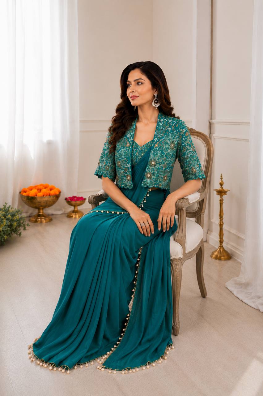 Ready-to-Wear  Crepe Silk Indo-Western Drape Saree Set with Embroidered Crop Jacket & Blouse