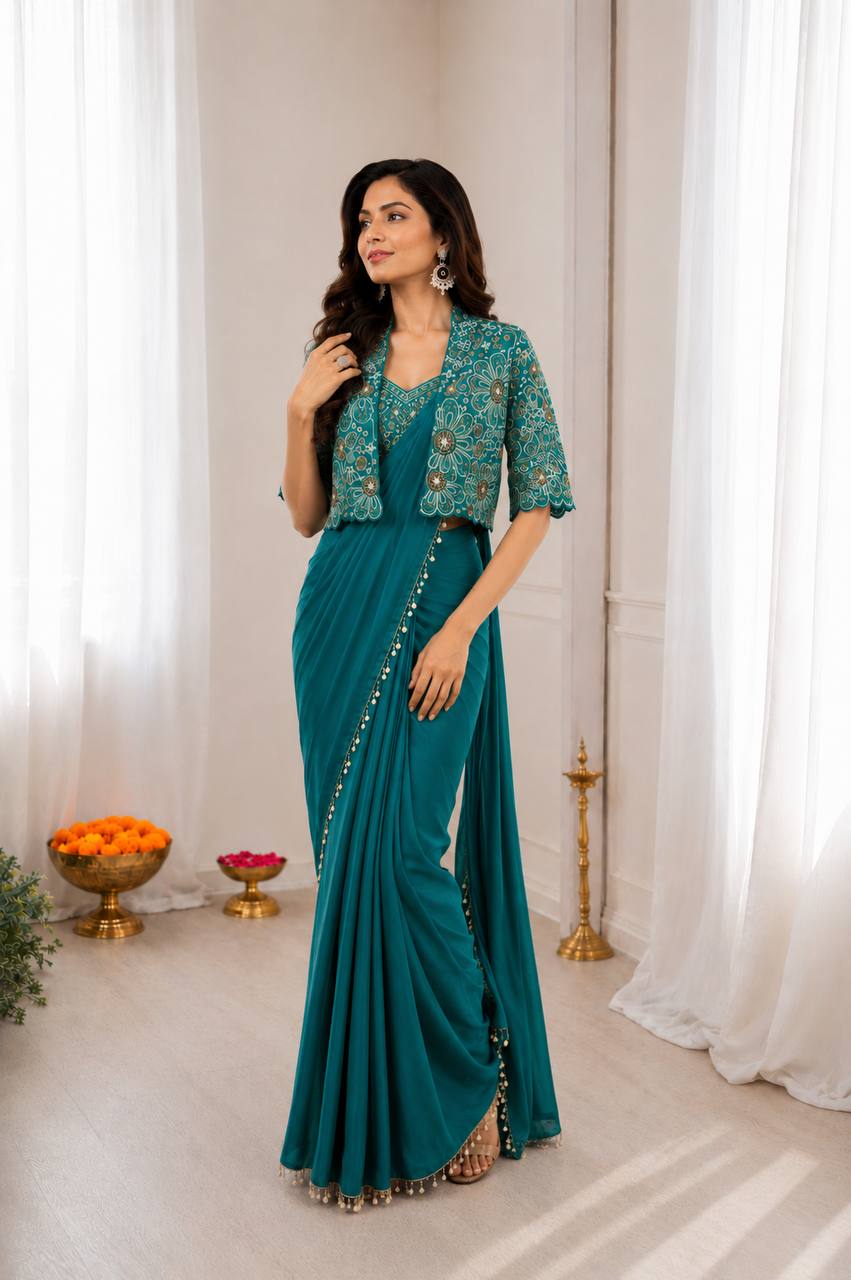 Ready-to-Wear  Crepe Silk Indo-Western Drape Saree Set with Embroidered Crop Jacket & Blouse