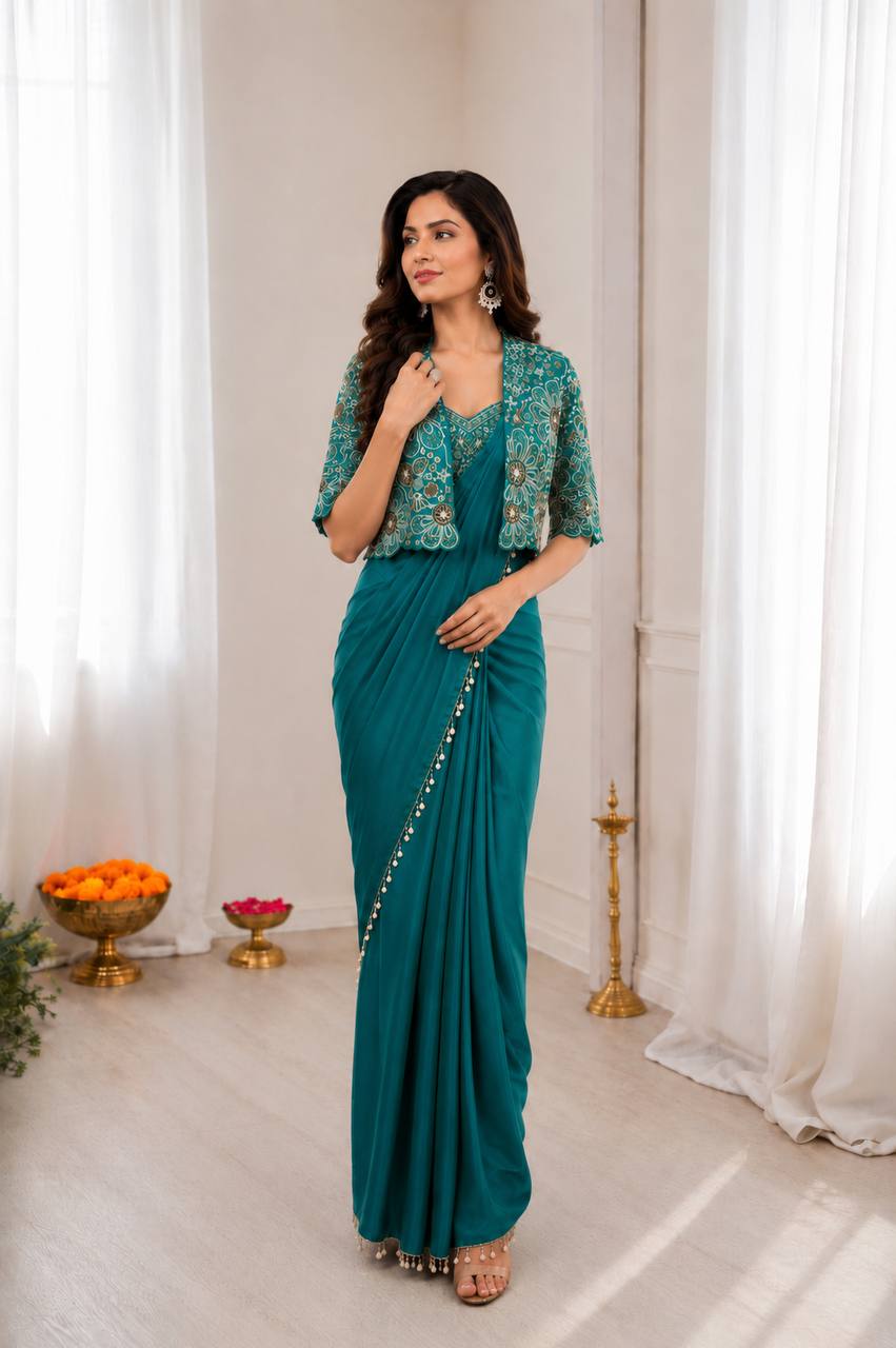 Ready-to-Wear  Crepe Silk Indo-Western Drape Saree Set with Embroidered Crop Jacket & Blouse
