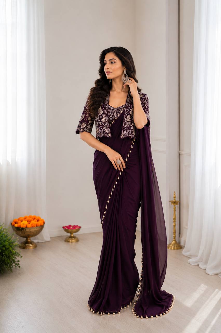 Ready-to-Wear  Crepe Silk Indo-Western Drape Saree Set with Embroidered Crop Jacket & Blouse