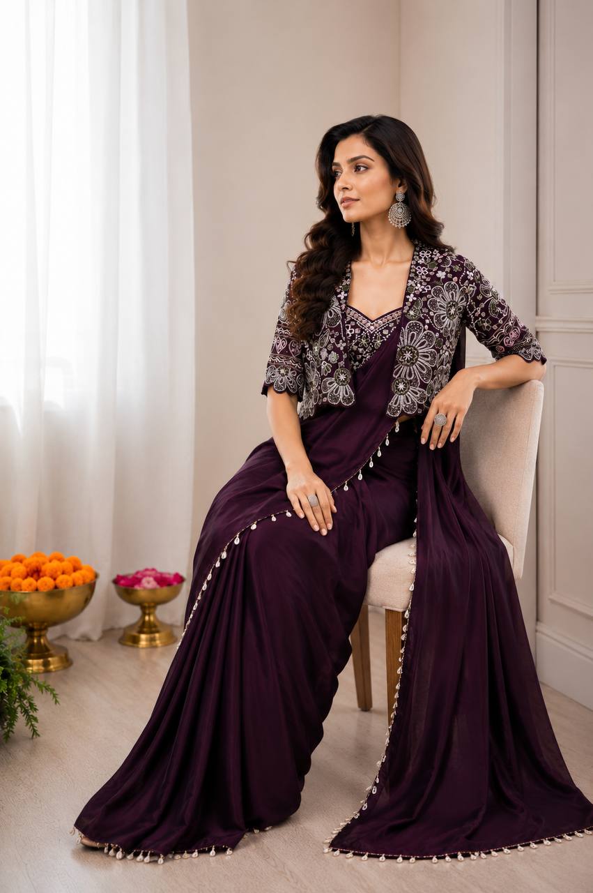 Ready-to-Wear  Crepe Silk Indo-Western Drape Saree Set with Embroidered Crop Jacket & Blouse