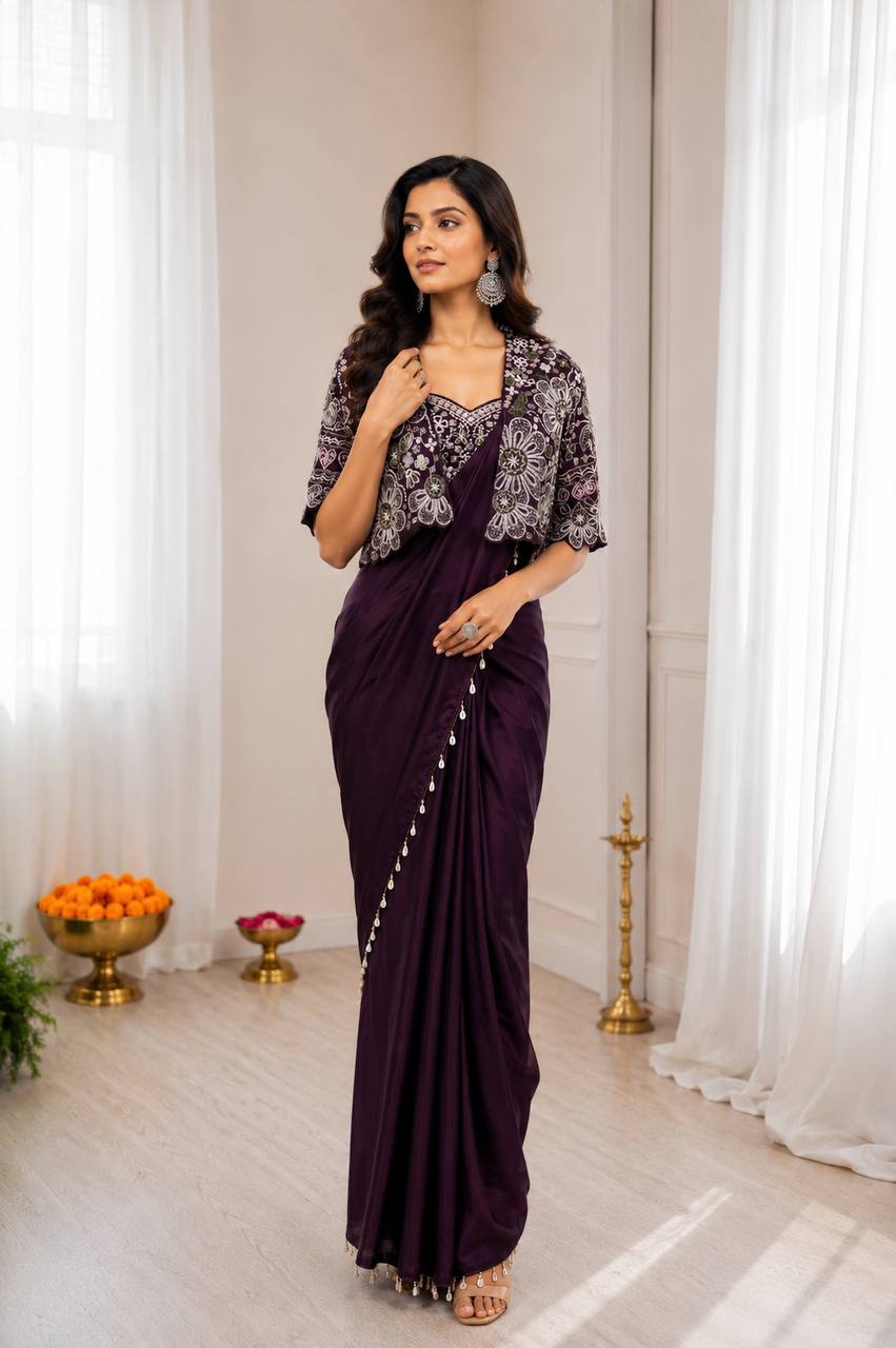 Ready-to-Wear  Crepe Silk Indo-Western Drape Saree Set with Embroidered Crop Jacket & Blouse