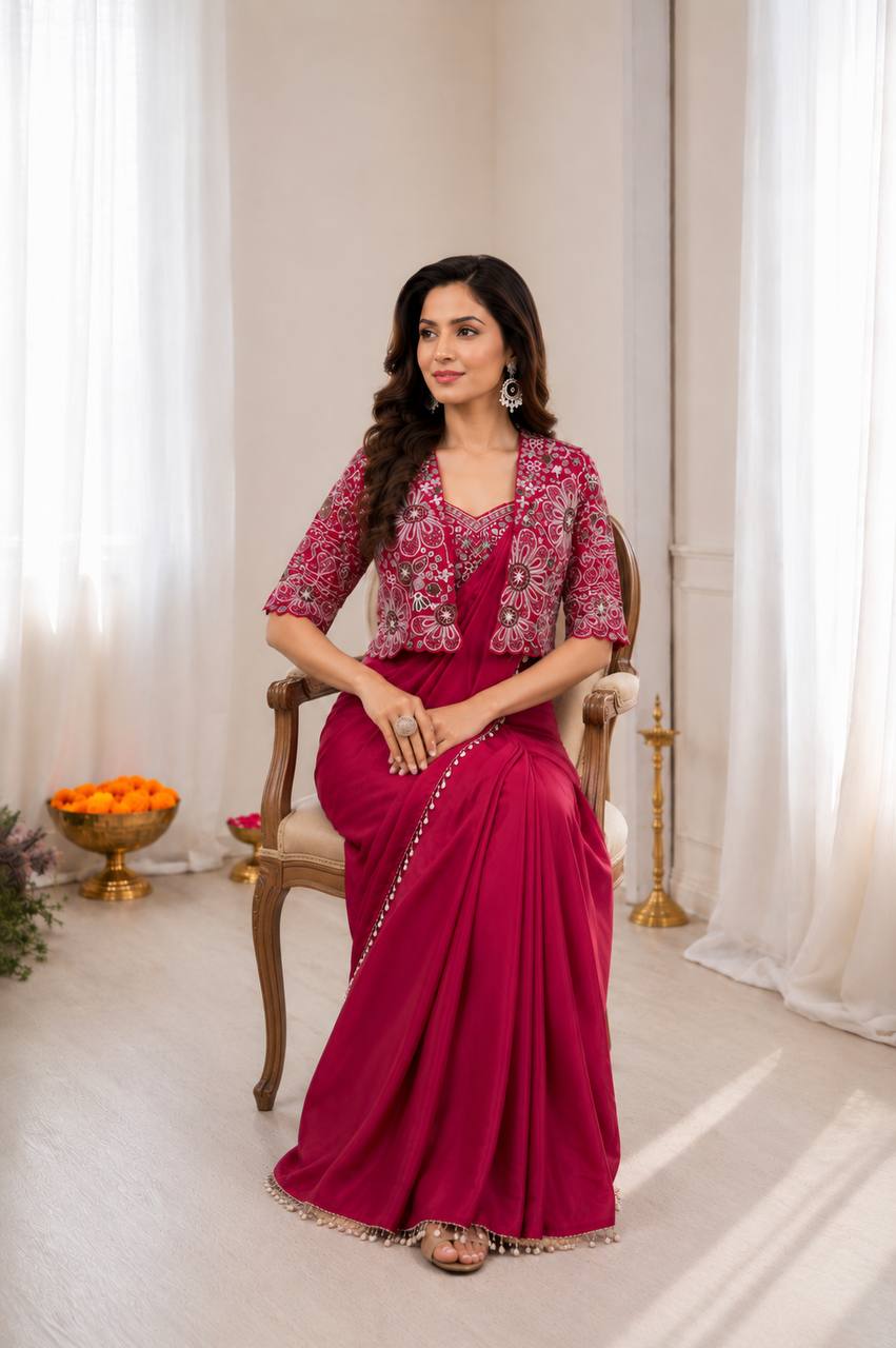 Ready-to-Wear  Crepe Silk Indo-Western Drape Saree Set with Embroidered Crop Jacket & Blouse