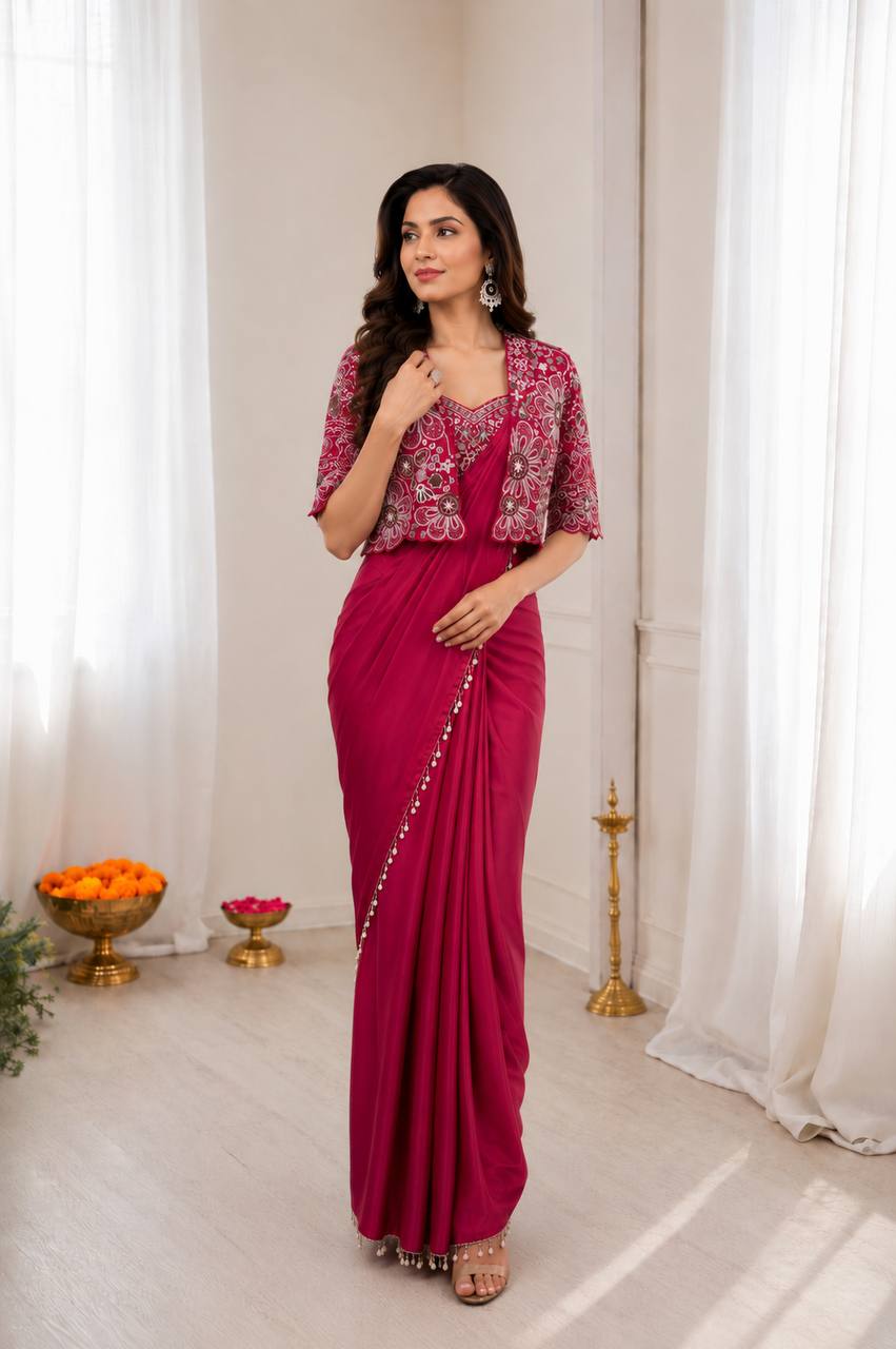 Ready-to-Wear  Crepe Silk Indo-Western Drape Saree Set with Embroidered Crop Jacket & Blouse