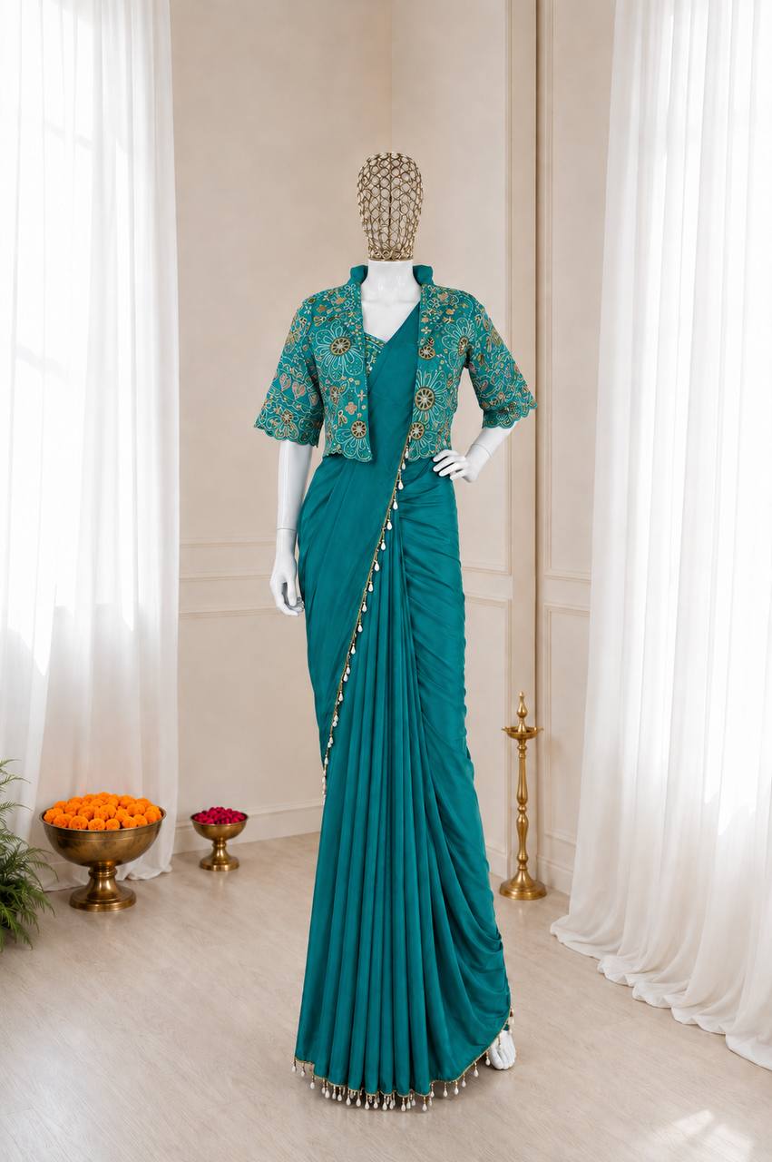 Ready-to-Wear  Crepe Silk Indo-Western Drape Saree Set with Embroidered Crop Jacket & Blouse