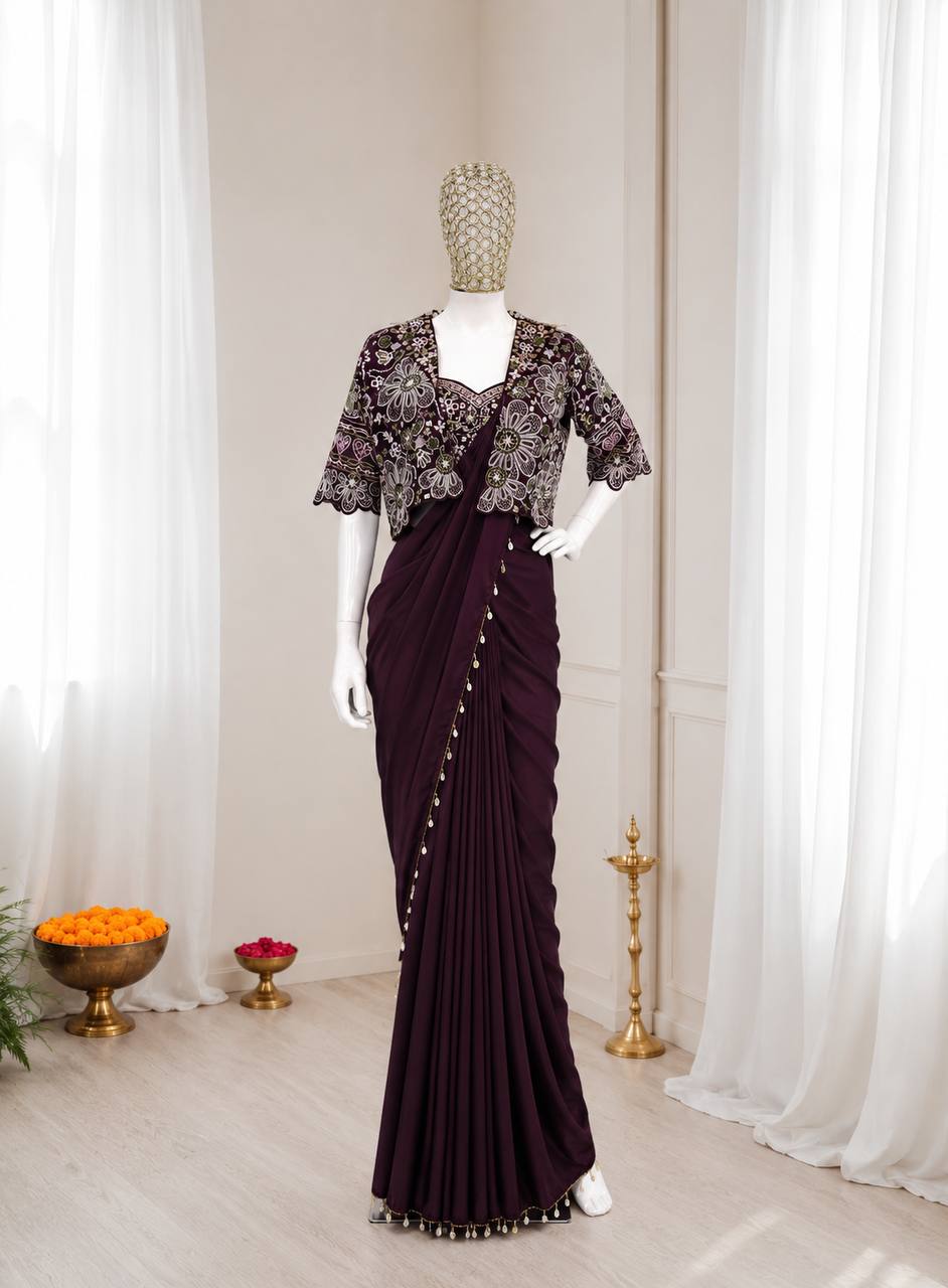 Ready-to-Wear  Crepe Silk Indo-Western Drape Saree Set with Embroidered Crop Jacket & Blouse