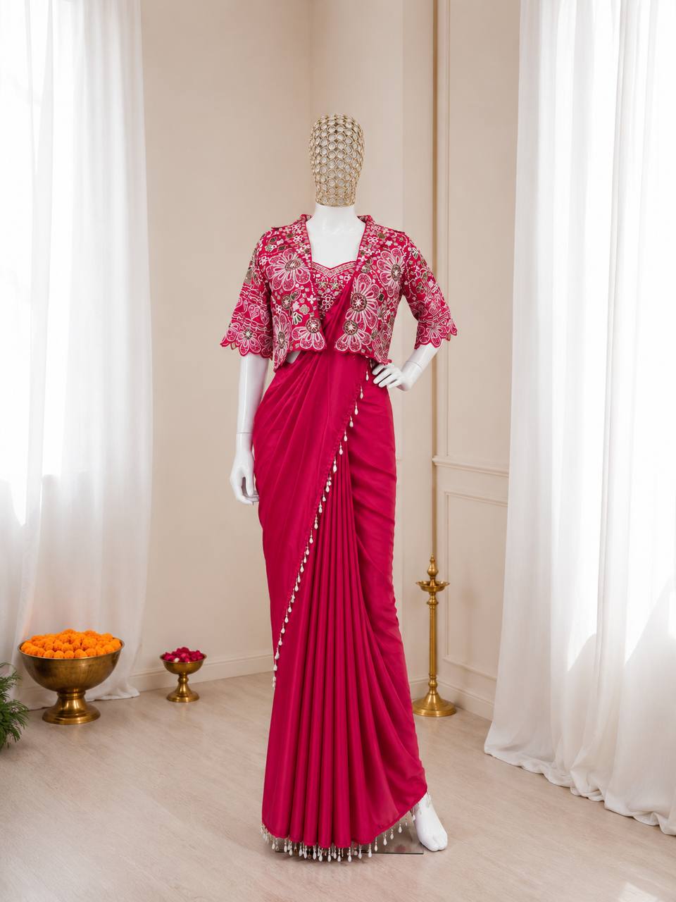 Ready-to-Wear  Crepe Silk Indo-Western Drape Saree Set with Embroidered Crop Jacket & Blouse