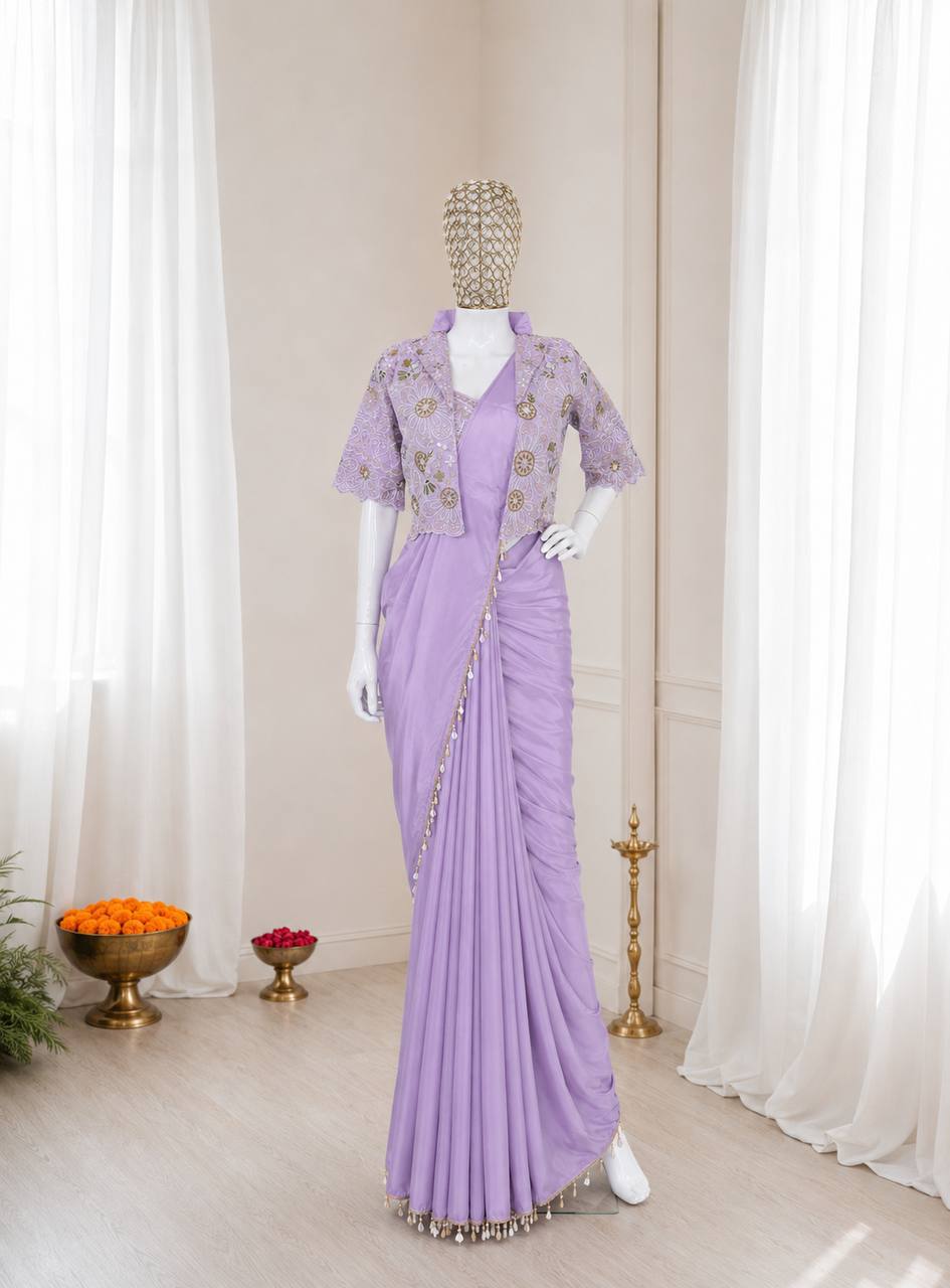 Ready-to-Wear  Crepe Silk Indo-Western Drape Saree Set with Embroidered Crop Jacket & Blouse