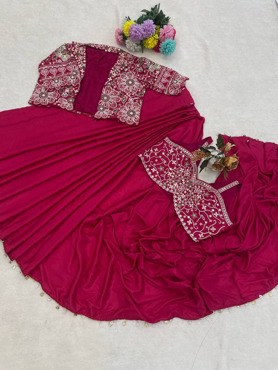 Ready-to-Wear  Crepe Silk Indo-Western Drape Saree Set with Embroidered Crop Jacket & Blouse