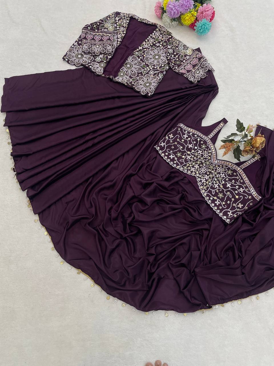 Ready-to-Wear  Crepe Silk Indo-Western Drape Saree Set with Embroidered Crop Jacket & Blouse