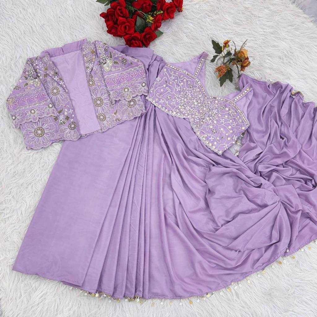 Ready-to-Wear  Crepe Silk Indo-Western Drape Saree Set with Embroidered Crop Jacket & Blouse
