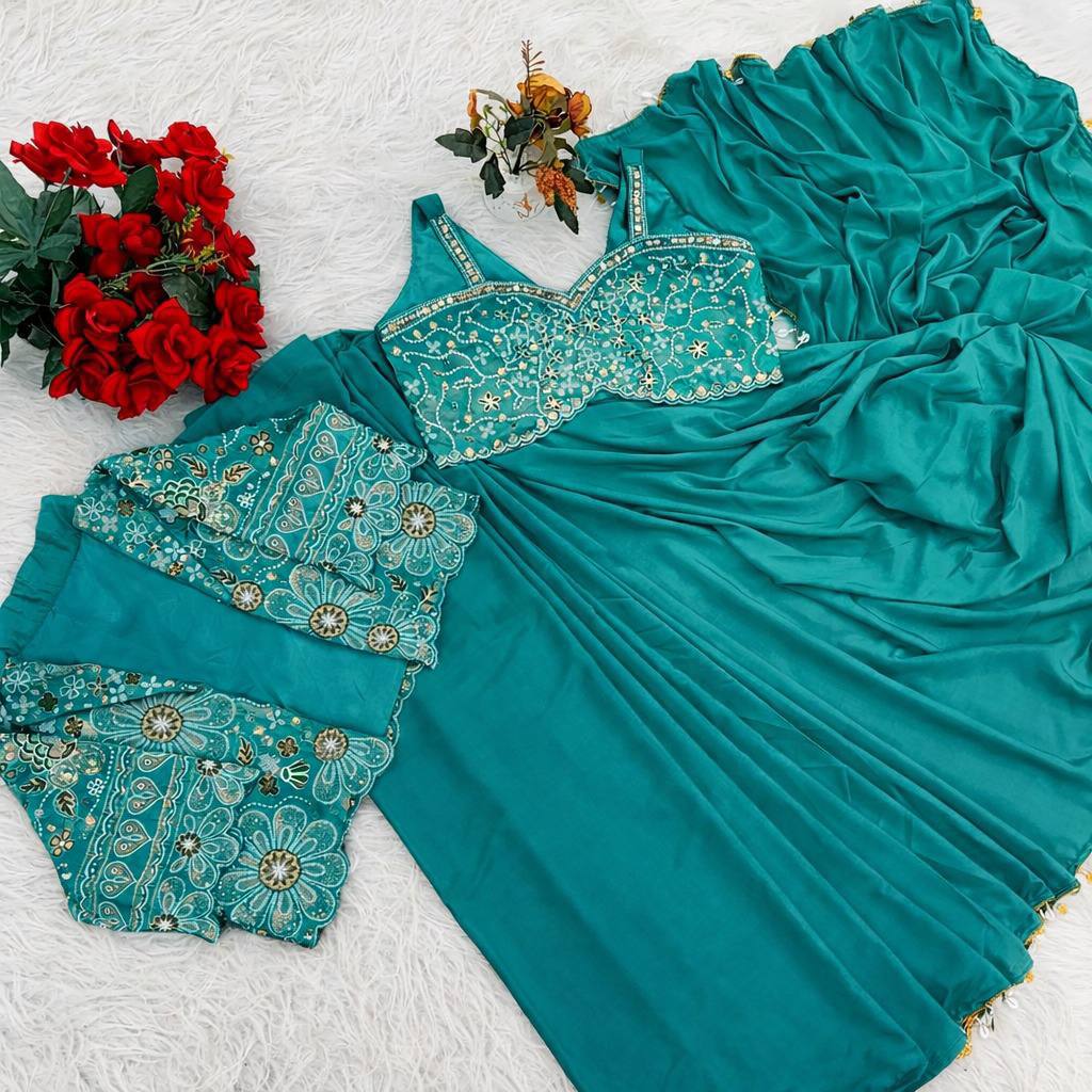 Ready-to-Wear  Crepe Silk Indo-Western Drape Saree Set with Embroidered Crop Jacket & Blouse