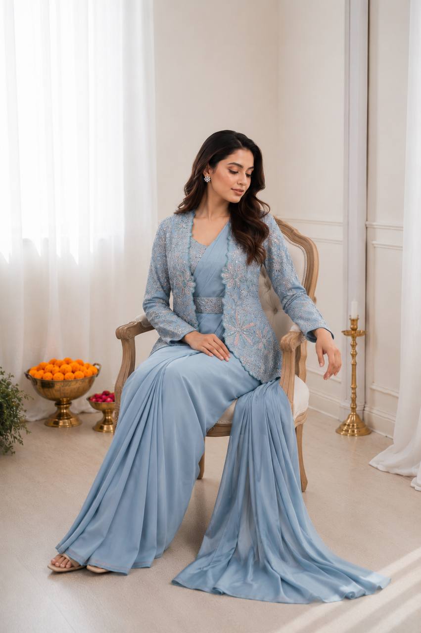 Elegance Redefined: Ready-to-Wear Crepe Silk Saree Set with Embroidered Jacket and Belt