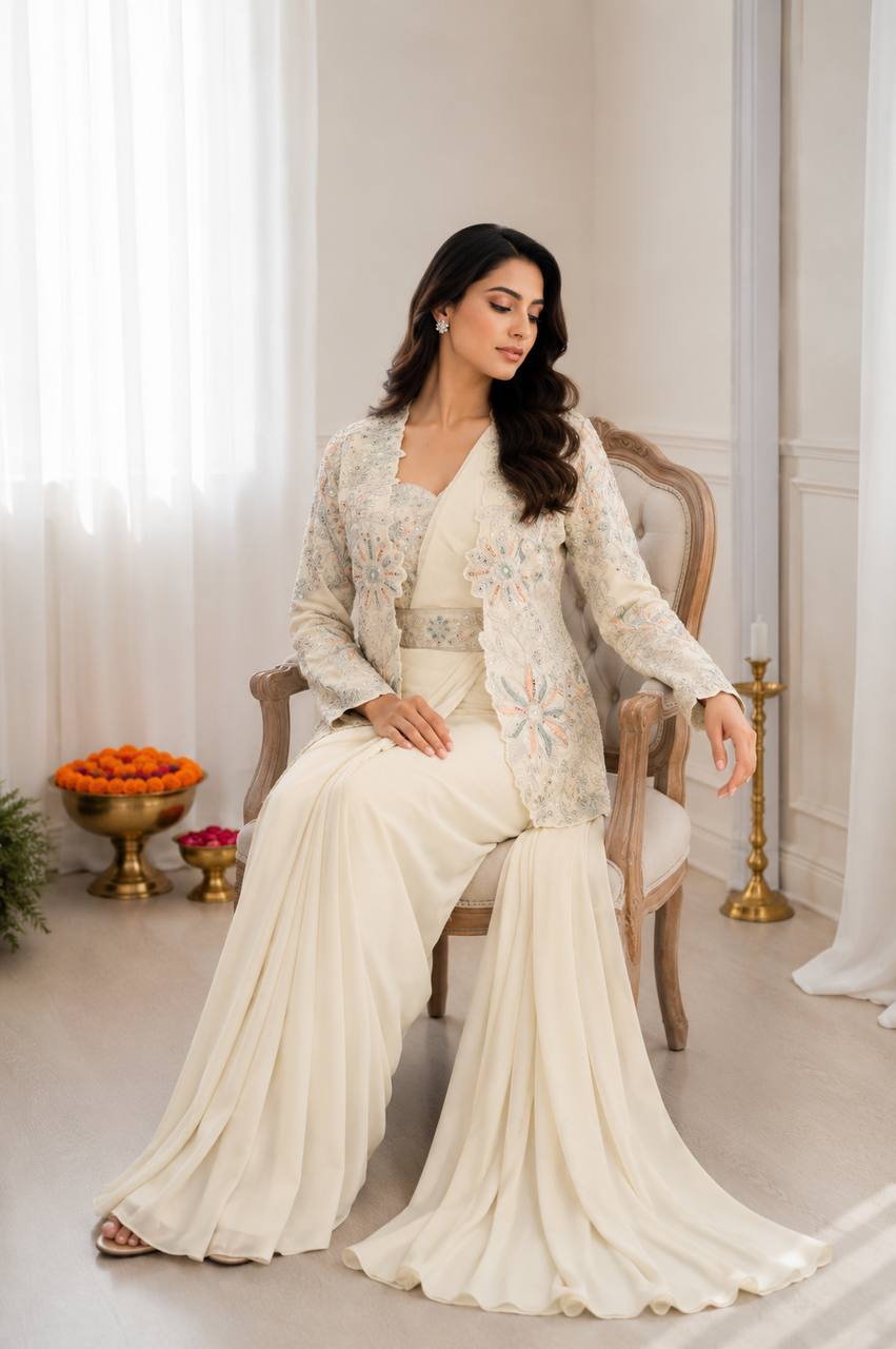 Elegance Redefined: Ready-to-Wear Crepe Silk Saree Set with Embroidered Jacket and Belt