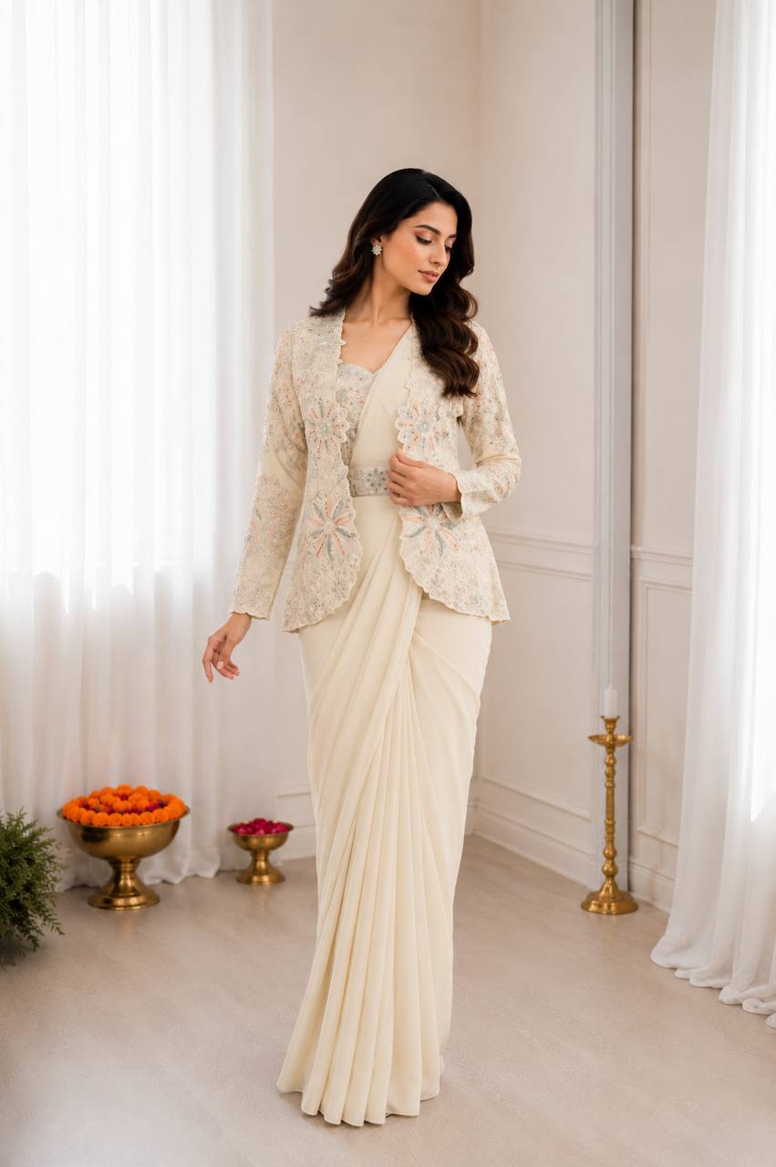 Elegance Redefined: Ready-to-Wear Crepe Silk Saree Set with Embroidered Jacket and Belt