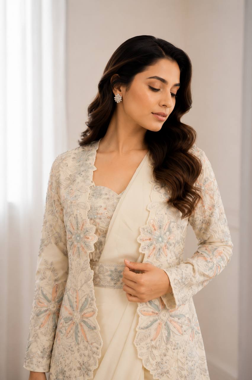 Elegance Redefined: Ready-to-Wear Crepe Silk Saree Set with Embroidered Jacket and Belt