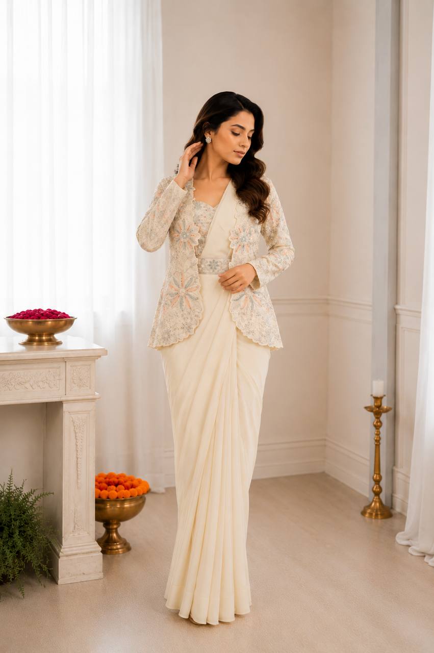 Elegance Redefined: Ready-to-Wear Crepe Silk Saree Set with Embroidered Jacket and Belt