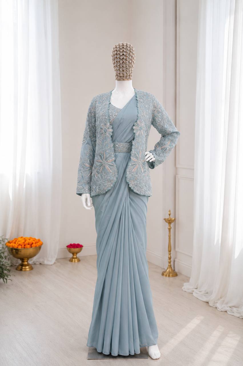 Elegance Redefined: Ready-to-Wear Crepe Silk Saree Set with Embroidered Jacket and Belt