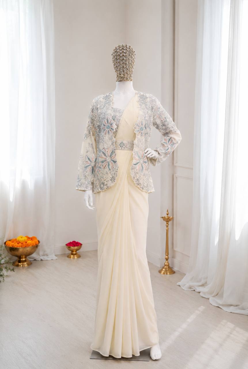 Elegance Redefined: Ready-to-Wear Crepe Silk Saree Set with Embroidered Jacket and Belt