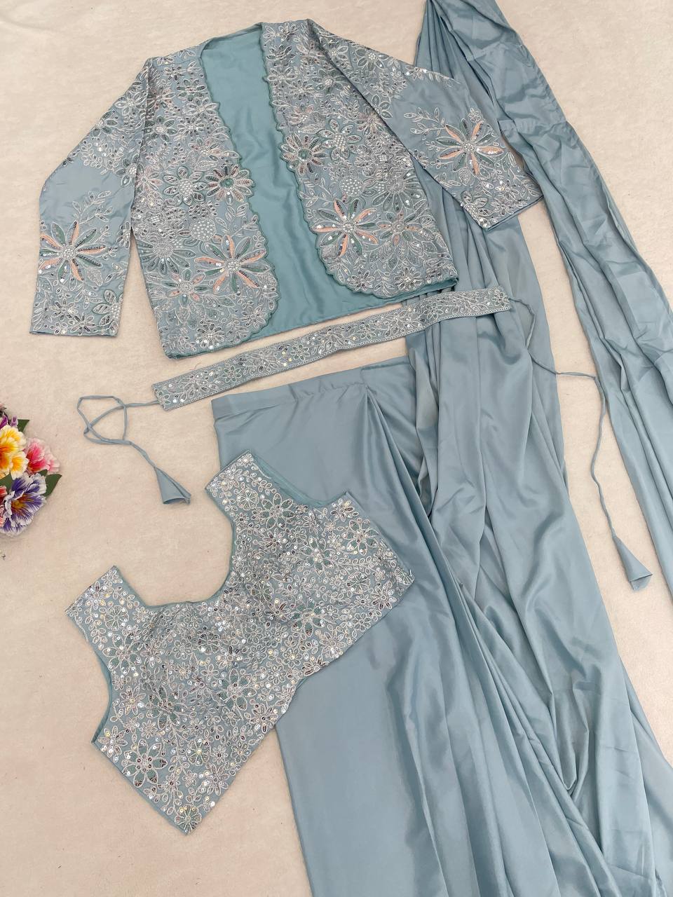 Elegance Redefined: Ready-to-Wear Crepe Silk Saree Set with Embroidered Jacket and Belt