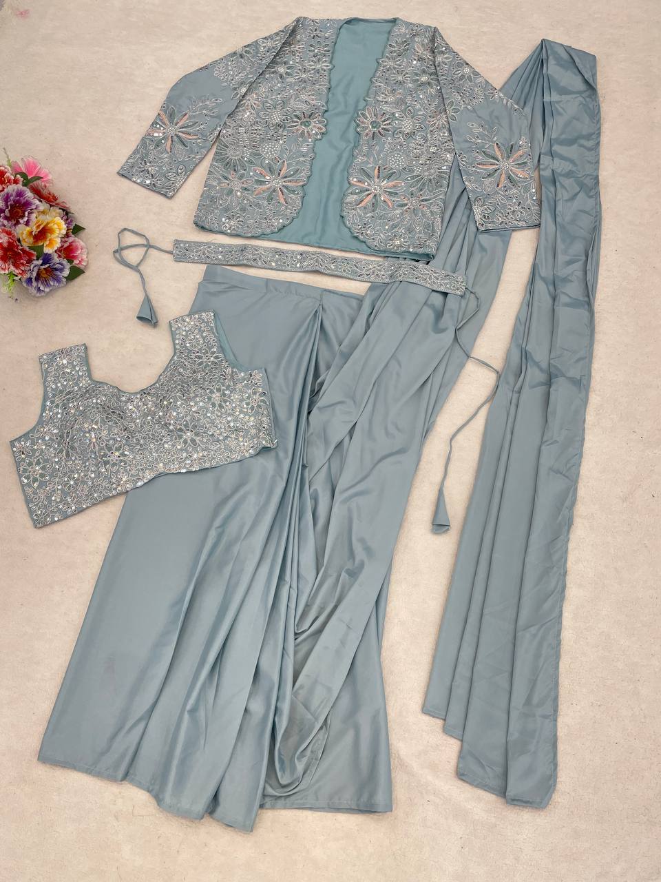 Elegance Redefined: Ready-to-Wear Crepe Silk Saree Set with Embroidered Jacket and Belt