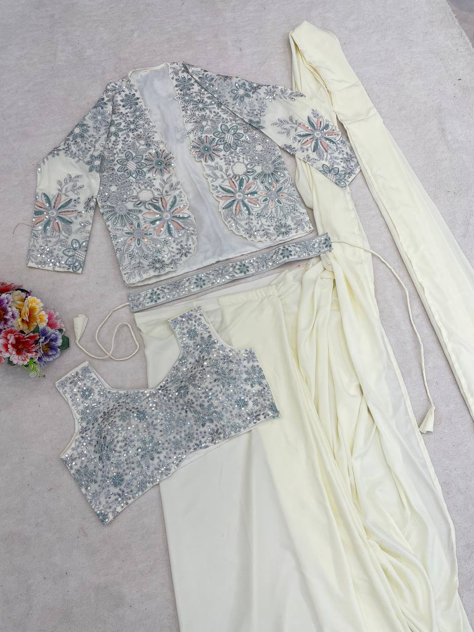 Elegance Redefined: Ready-to-Wear Crepe Silk Saree Set with Embroidered Jacket and Belt