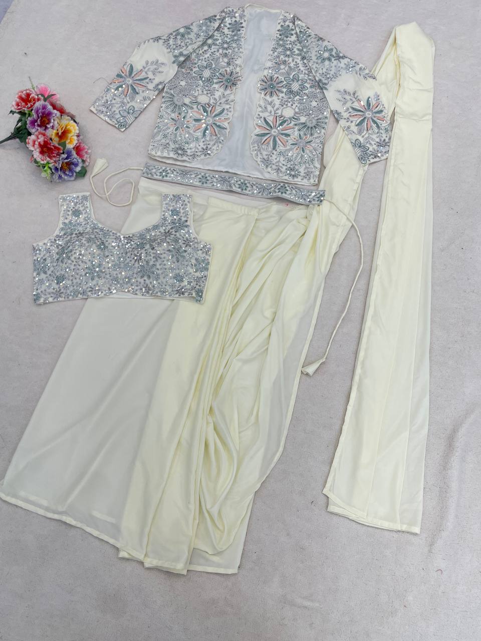 Elegance Redefined: Ready-to-Wear Crepe Silk Saree Set with Embroidered Jacket and Belt