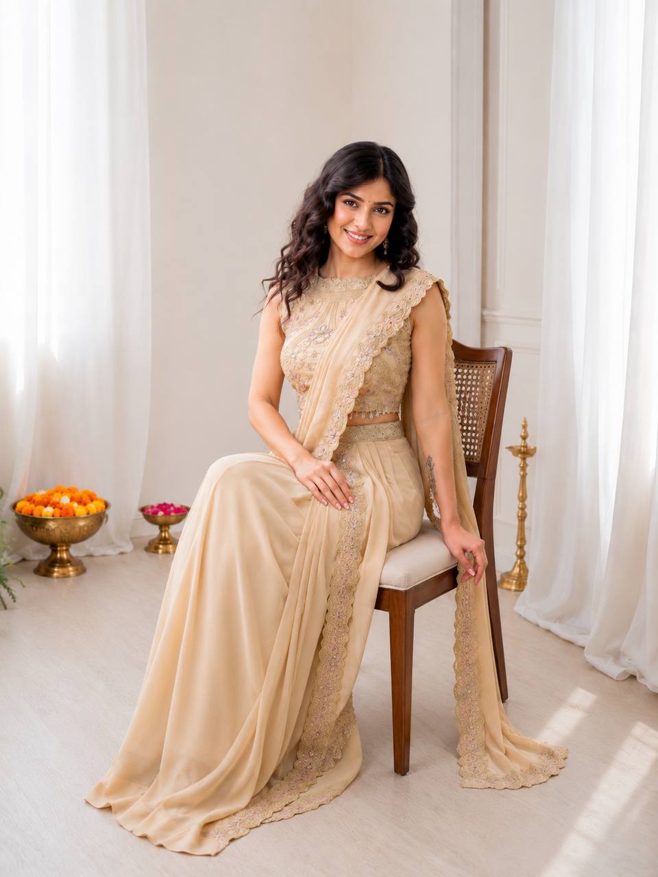 Champagne Beige Pre-Draped Saree with Embroidered Scalloped Border