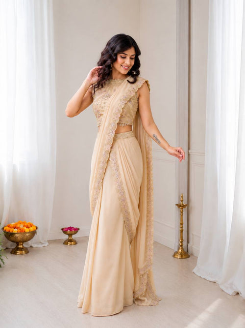 Champagne Beige Pre-Draped Saree with Embroidered Scalloped Border