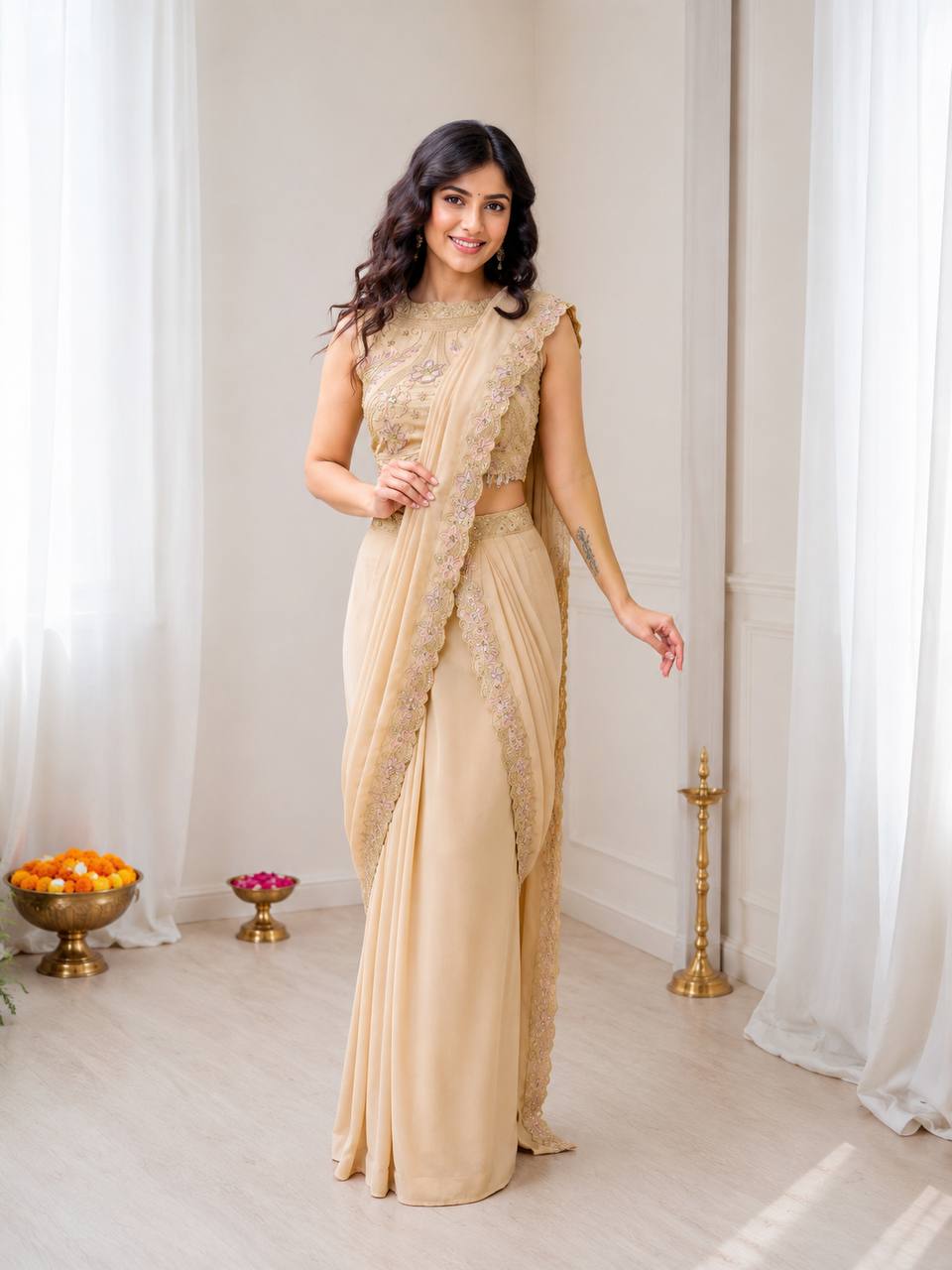 Champagne Beige Pre-Draped Saree with Embroidered Scalloped Border
