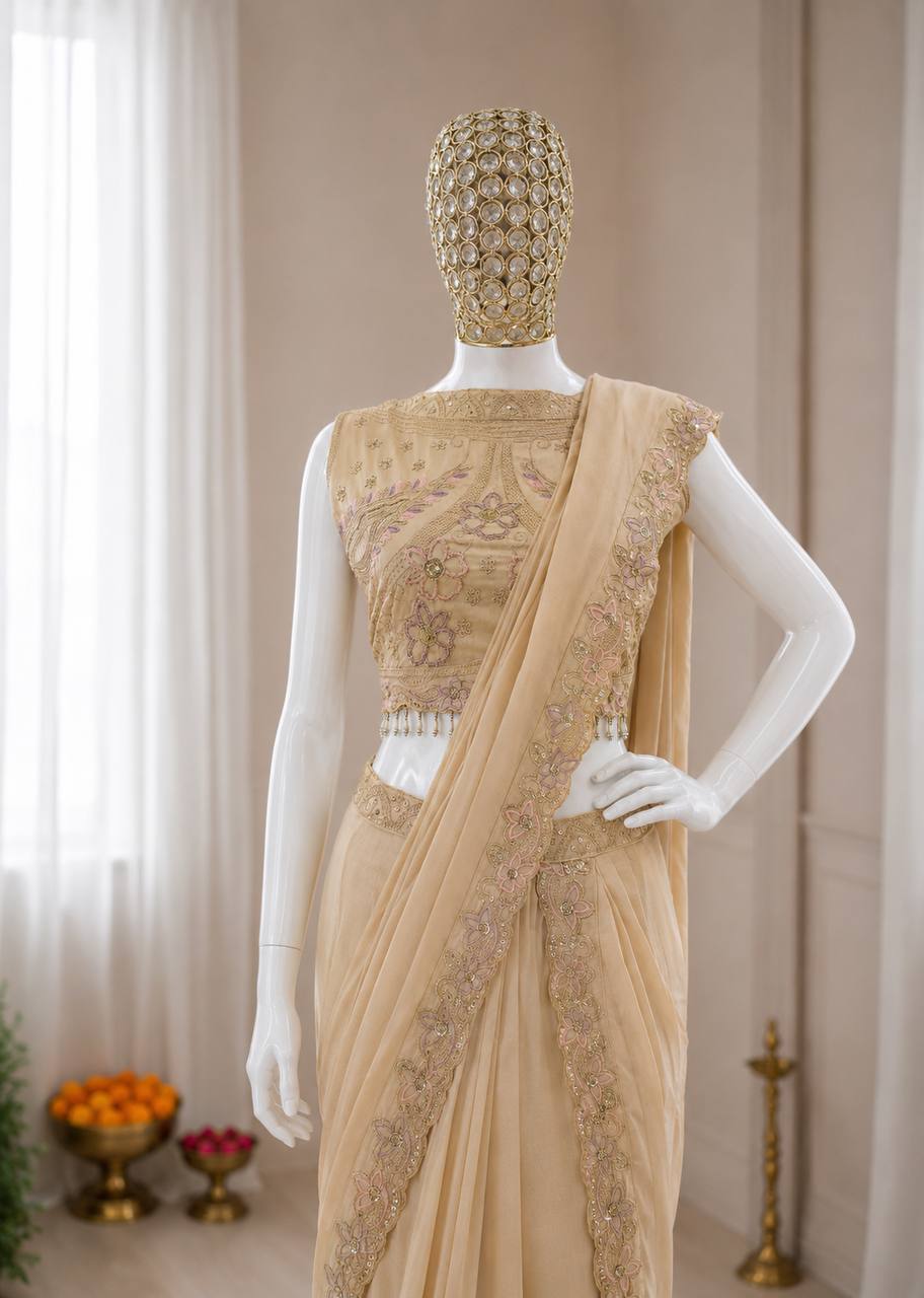 Champagne Beige Pre-Draped Saree with Embroidered Scalloped Border